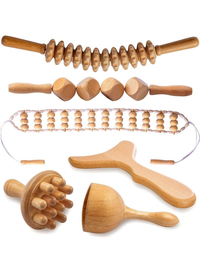 6-في-1 أداة تدليك العلاج الخشبي ، مجموعة العلاج الخشبي ، أداة الكشط الخشبية ، حبل الأسطوانة التدليك الخشبي لتشكيل ومكافحة الدهون - Image 1